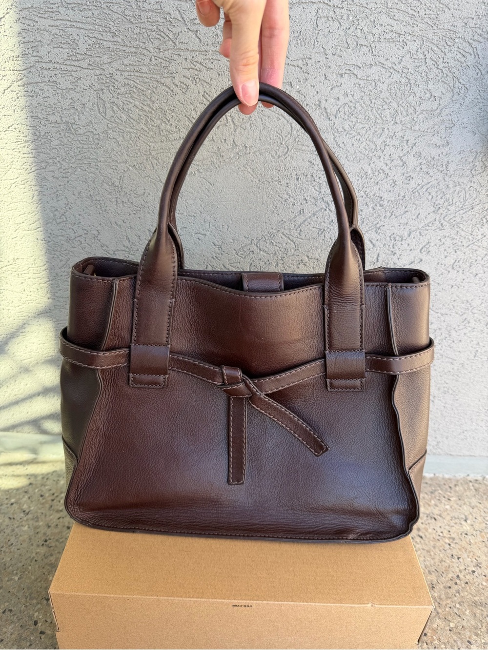 Fossil Willow Chocolate Brown Leather Satchel Tote with Bow Detail